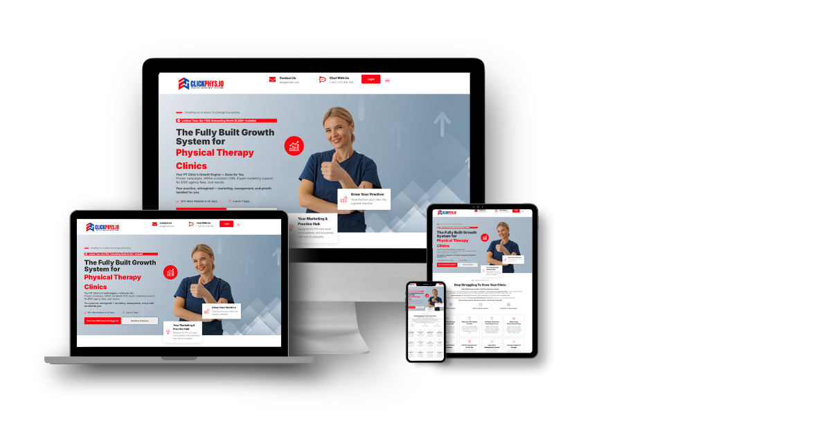 Responsive mockup of ClickPhys.io website displayed on desktop, laptop, tablet, and smartphone screens