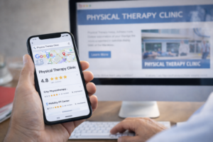 Smartphone displaying Google search results and reviews for physical therapy clinics, with a clinic website visible in the background, showing how patients compare clinics before visiting a website.