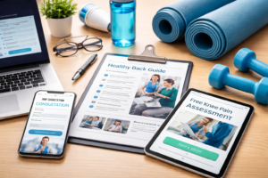 Workspace displaying physical therapy lead magnets including an educational exercise guide, a free injury screening form, and digital assessment tools used by clinics to attract and engage patients.