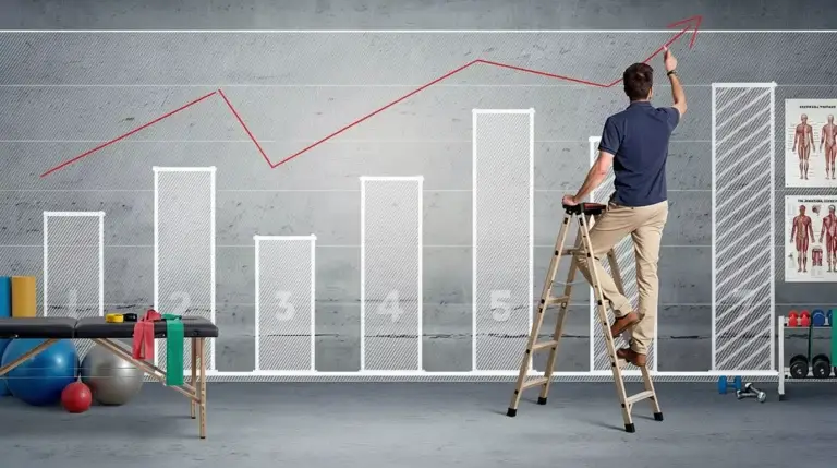 Physical therapist illustrating clinic growth with an upward performance chart powered by ClickPhys.io