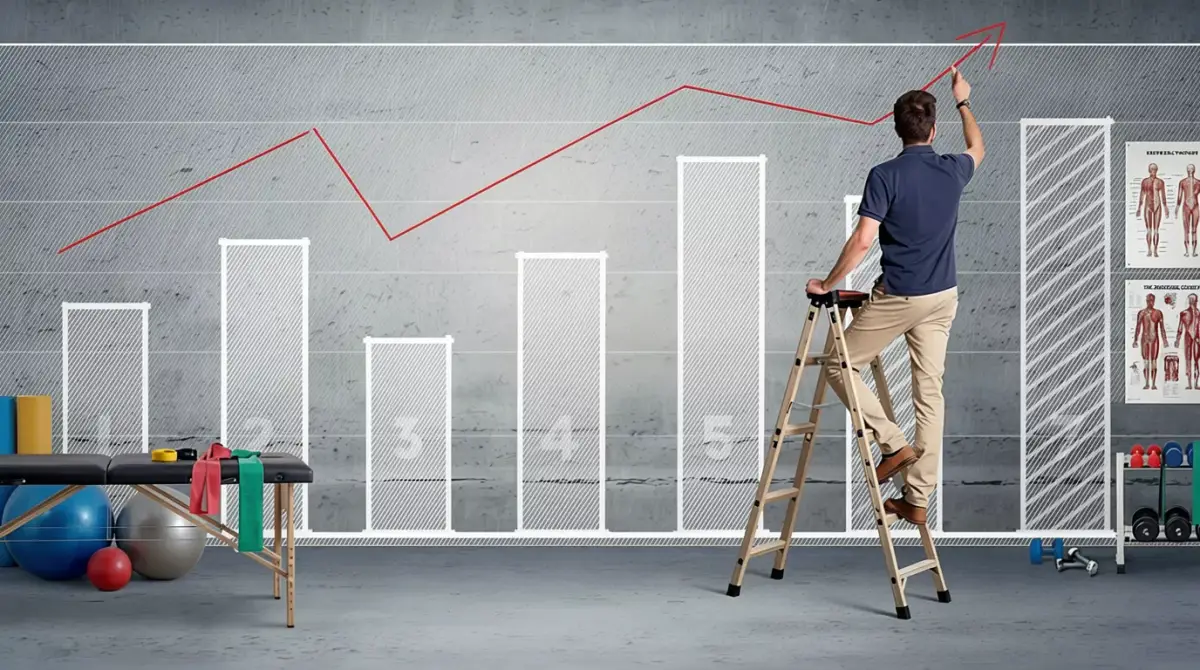 Physical therapist illustrating clinic growth with an upward performance chart powered by ClickPhys.io