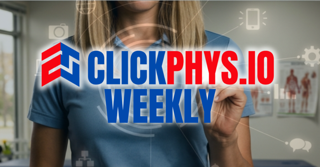 Header banner for The ClickPhysio Insider: 'The Weekly Briefing That Keeps Your Margins Out Of Rehab' on a pale blue background with white arrow illustrations.