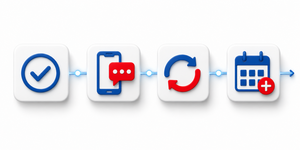 Four-step patient scheduling workflow showing appointment confirmation, reminder messages, easy rescheduling, and automatic waitlist backfill connected by a blue process line.